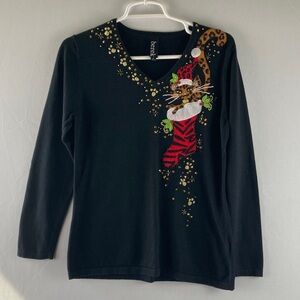 Berek Black Festive Cat Long Sleeve Sweater Woman’s Medium